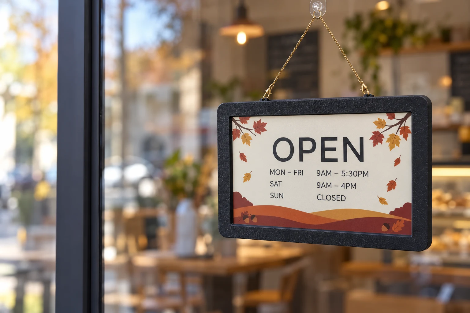 Black SmartHours frame with autumn opening hours, hanging on a gold chain in a café window