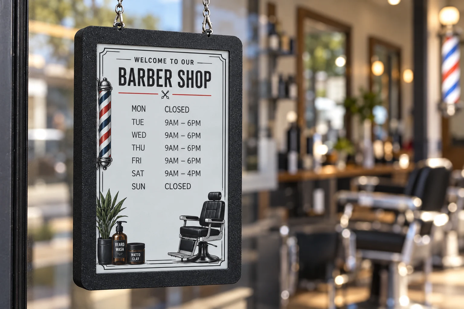 Portrait black SmartHours display hanging by a silver chain in a barber shop window