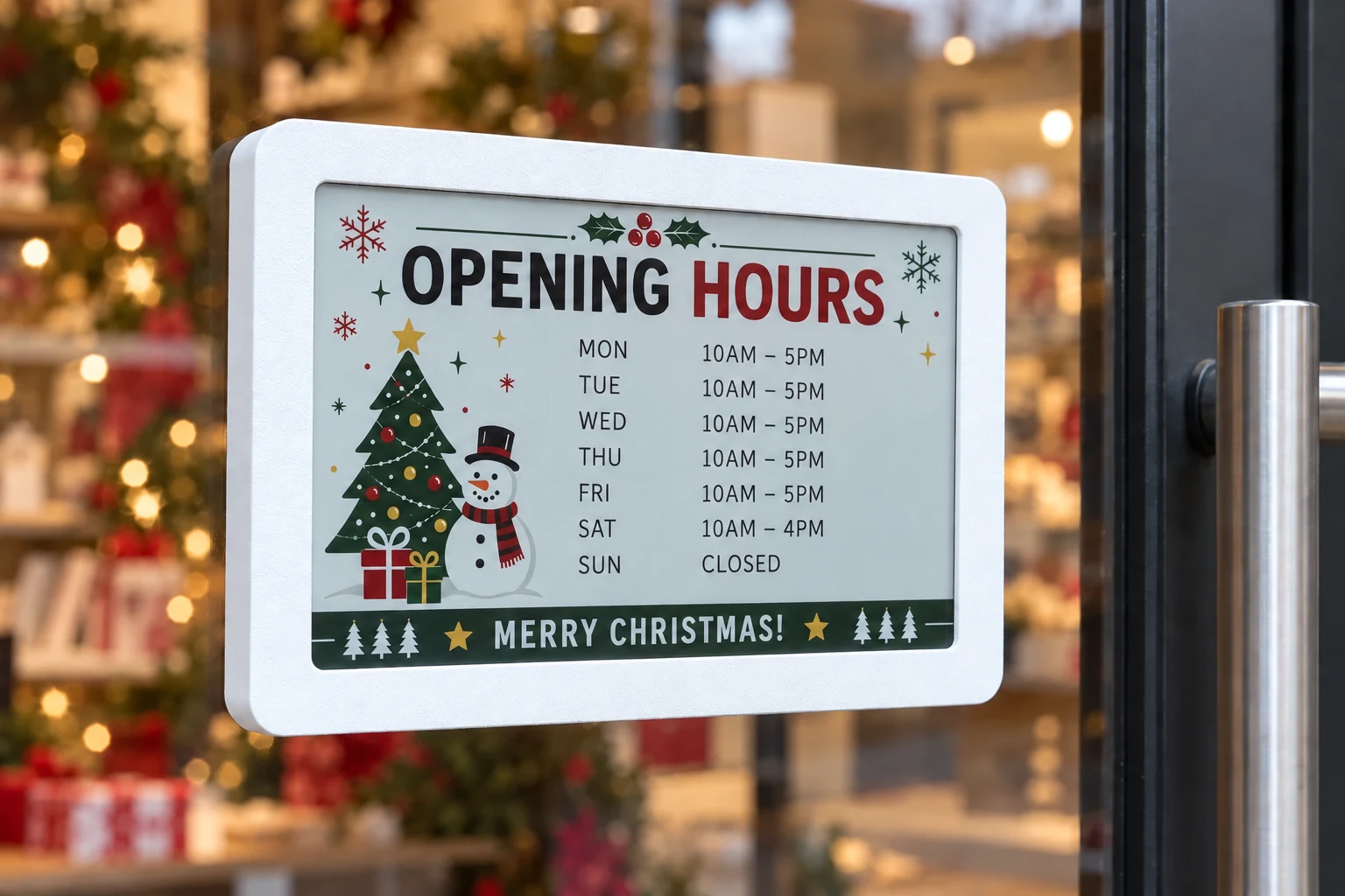 White SmartHours frame on a glass door, displaying Christmas opening hours