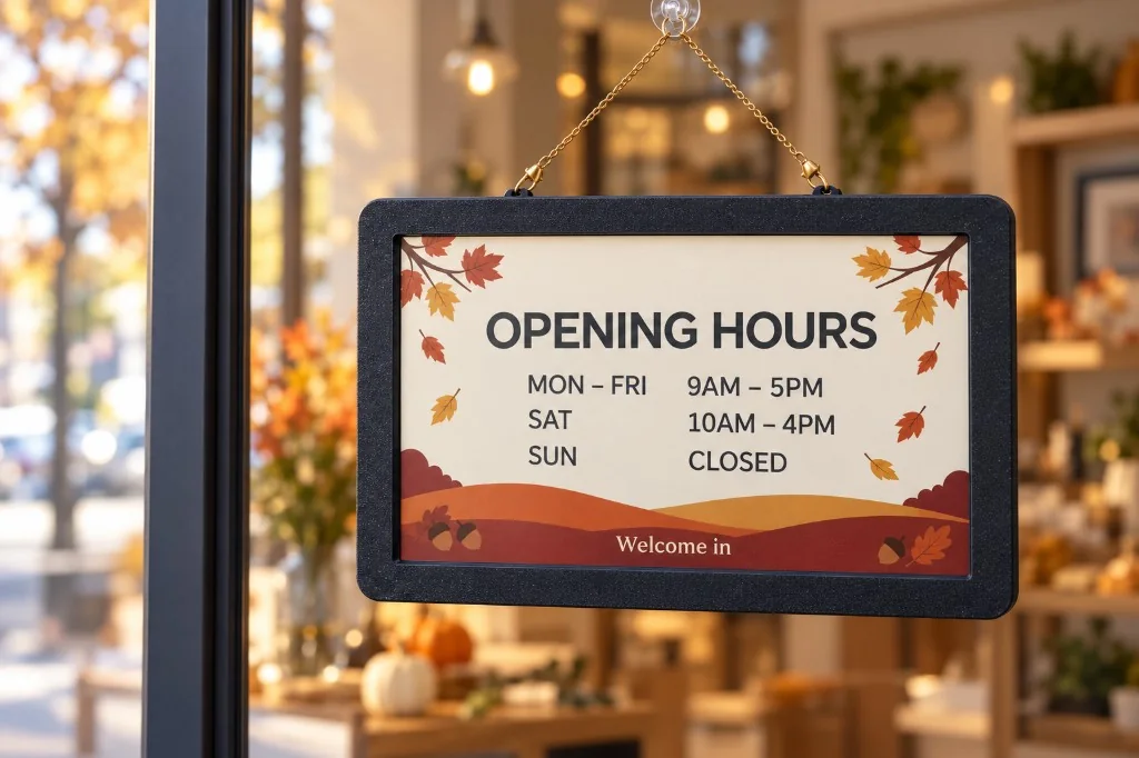 Black SmartHours frame hanging in a shop window with autumn opening hours
