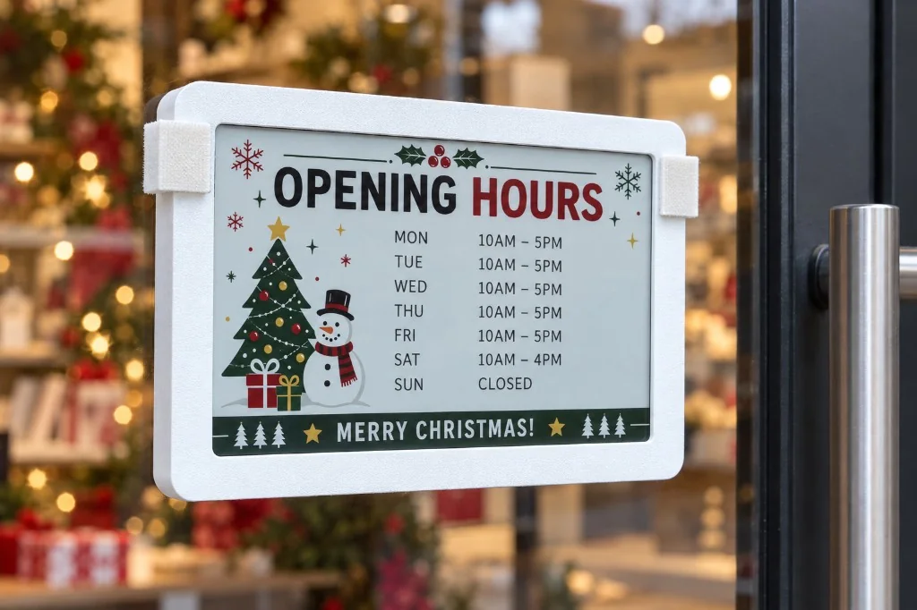 White SmartHours Christmas display mounted on a glass door with magnetic pads