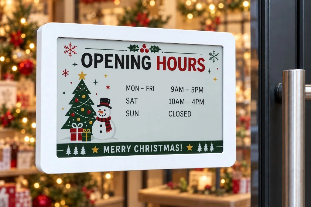White SmartHours frame showing Christmas opening hours in a festive shop window