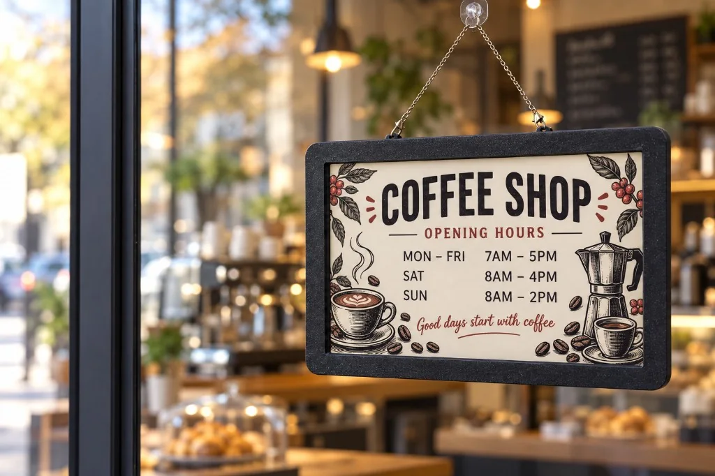 Black SmartHours frame hanging in a coffee shop with opening hours