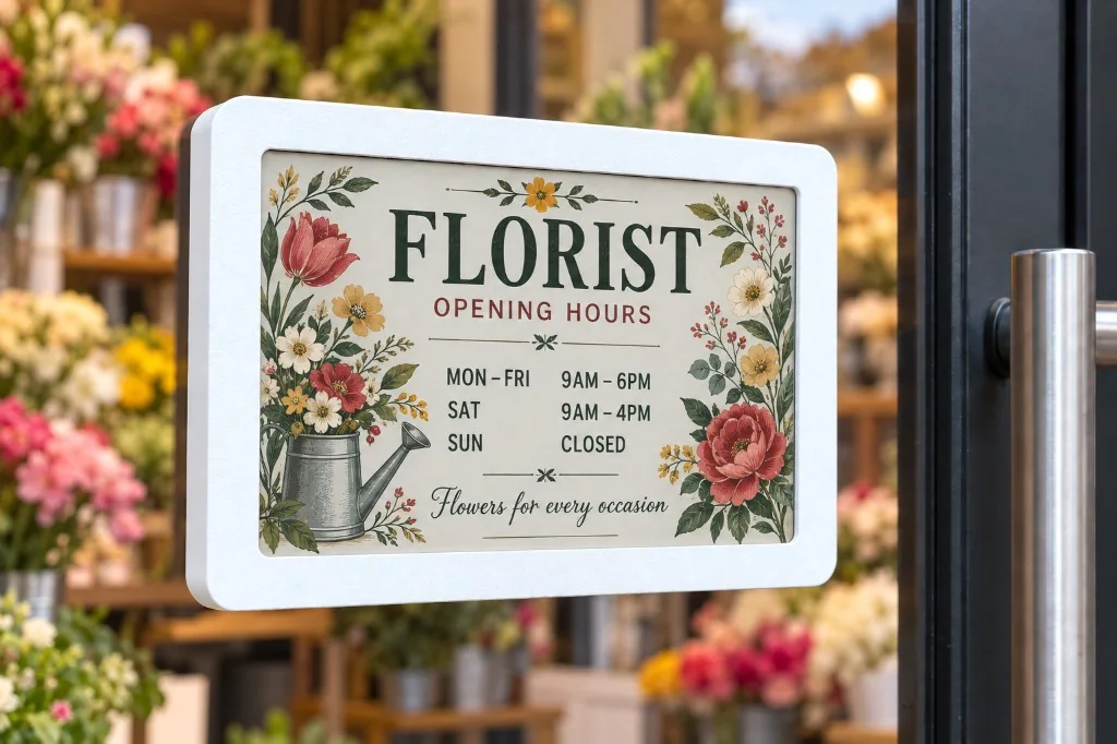 White SmartHours florist display with opening hours on a shop door