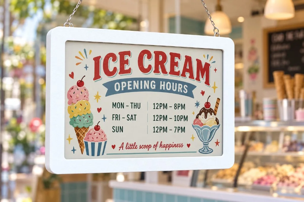 White SmartHours frame hanging in an ice cream shop with opening hours