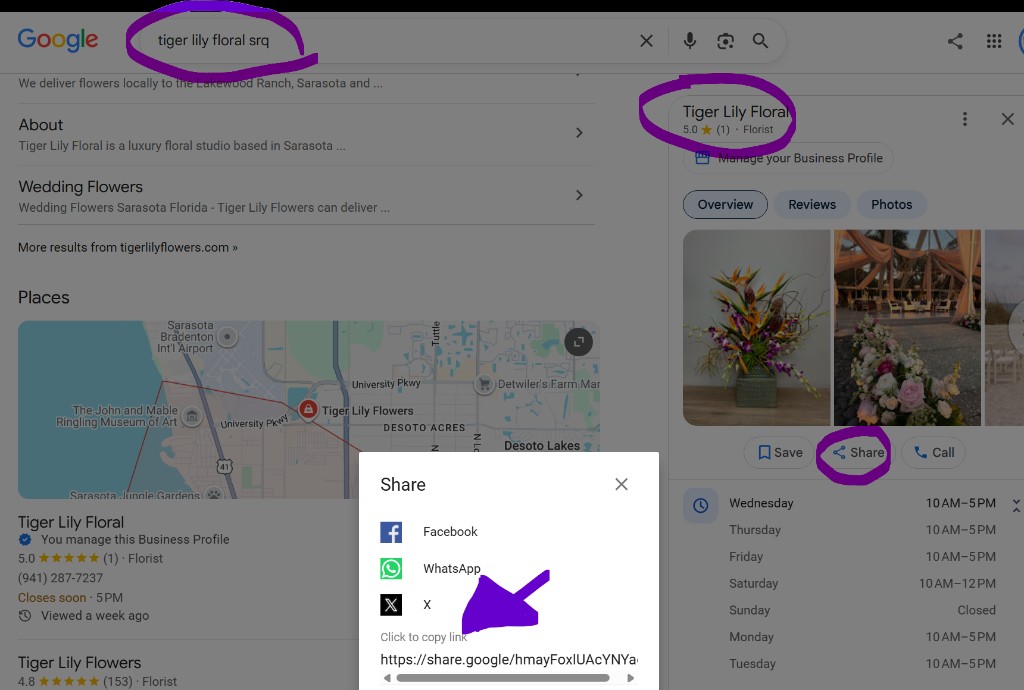 Google search showing Share on a business profile and the share.google link to copy