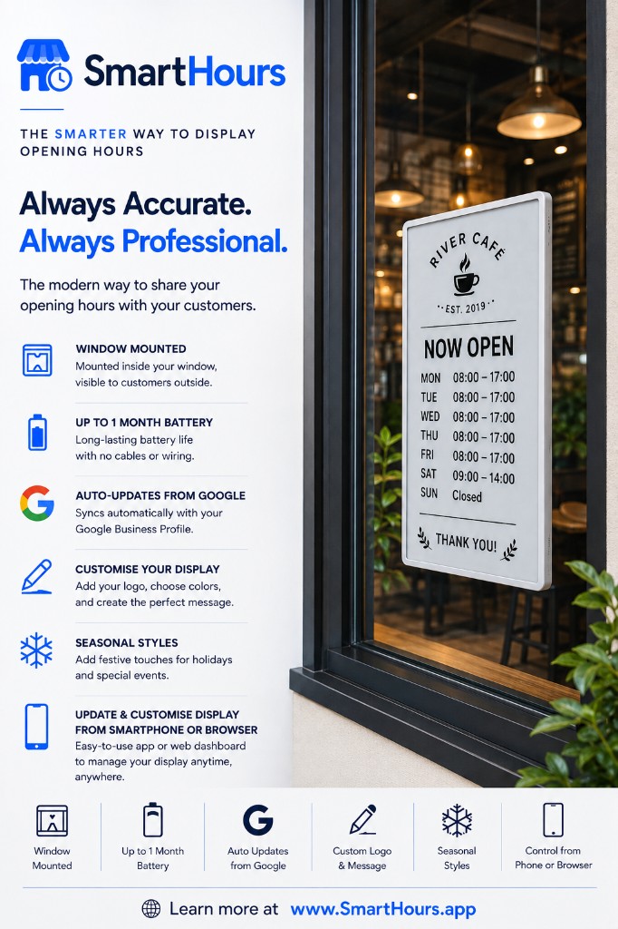 SmartHours flyer: always accurate, always professional opening hours display